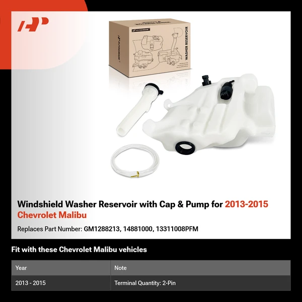 Windshield Washer Reservoir with Cap & Pump for 2013-2015 Chevrolet Malibu