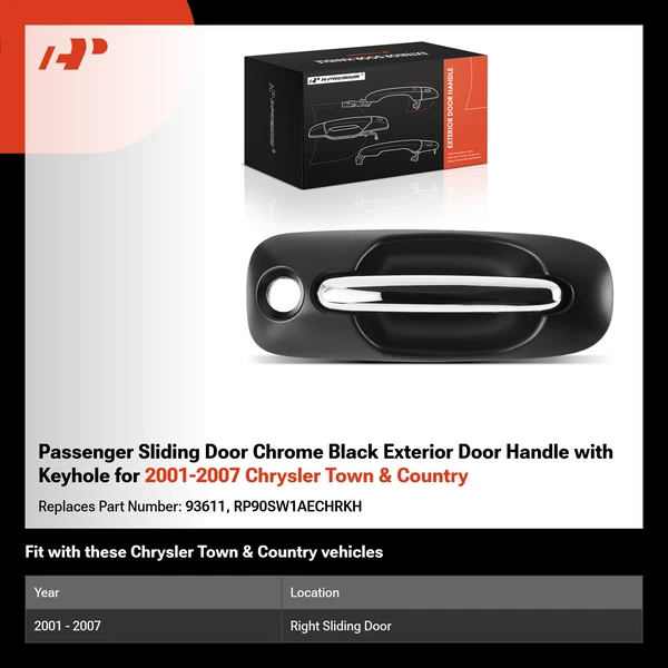 Passenger Sliding Door Chrome Black Exterior Door Handle with Keyhole for 2001-2007 Chrysler Town & Country