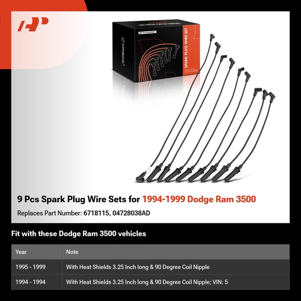9 Pcs Spark Plug Wire Sets for 1994-1999 Dodge Ram 3500