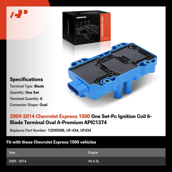 2009-2014 Chevrolet Express 1500 One Set-Pc Ignition Coil 6-Blade Terminal Oval A-Premium APIC1374