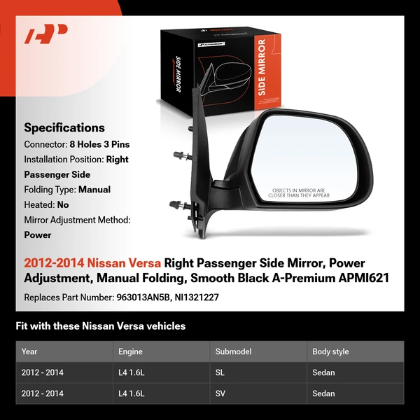 2012-2014 Nissan Versa Right Passenger Side Mirror, Power Adjustment, Manual Folding, Smooth Black A-Premium APMI621