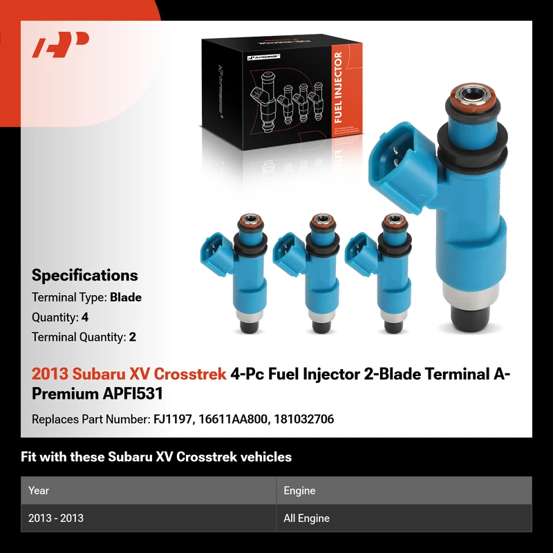 2013 Subaru XV Crosstrek 4-Pc Fuel Injector 2-Blade Terminal A-Premium APFI531
