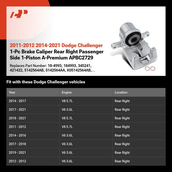 2011-2012 2014-2021 Dodge Challenger 1-Pc Brake Caliper Rear Right Passenger Side 1-Piston A-Premium APBC2729