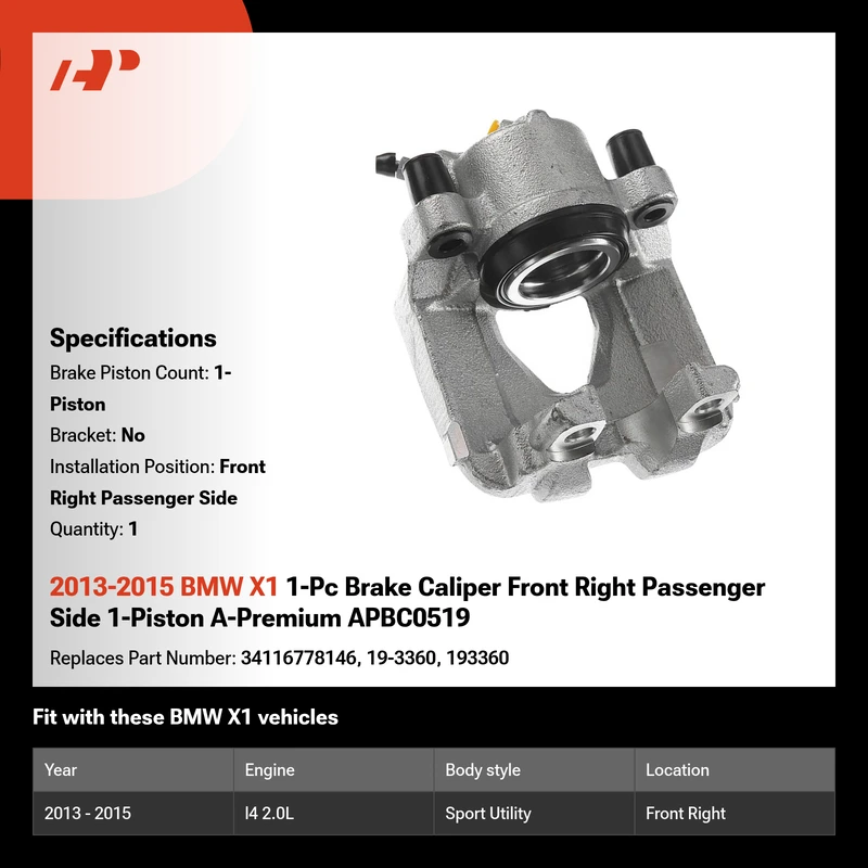 2013-2015 BMW X1 1-Pc Brake Caliper Front Right Passenger Side 1-Piston A-Premium APBC0519