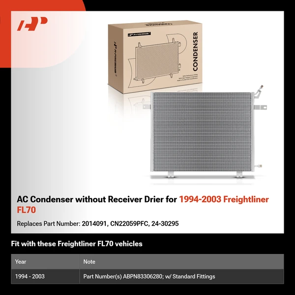 AC Condenser without Receiver Drier for 1994-2003 Freightliner FL70