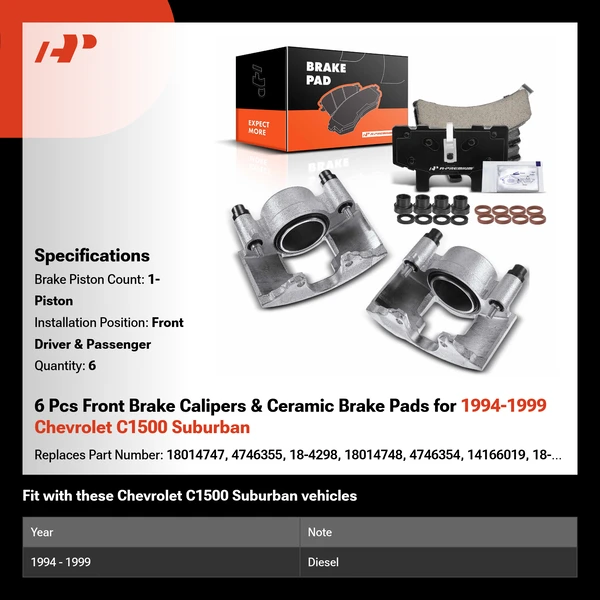 6 Pcs Front Brake Calipers & Ceramic Brake Pads for 1994-1999 Chevrolet C1500 Suburban