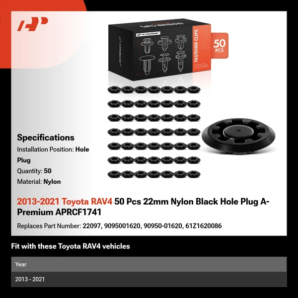 2013-2021 Toyota RAV4 50 Pcs 22mm Nylon Black Hole Plug A-Premium APRCF1741