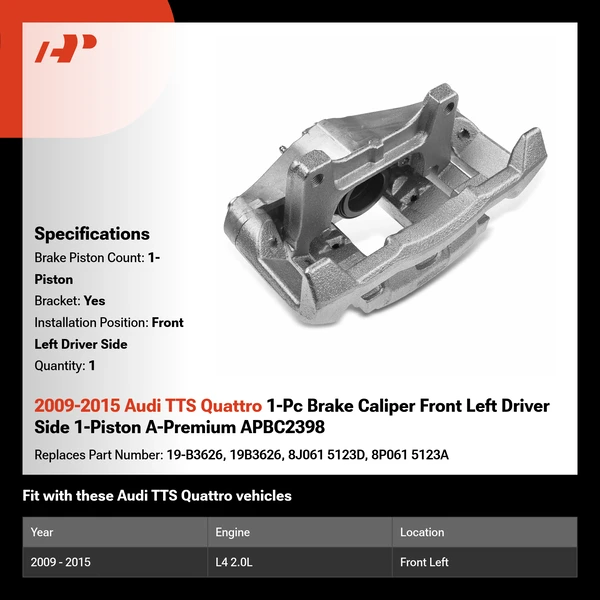 2009-2015 Audi TTS Quattro 1-Pc Brake Caliper Front Left Driver Side 1-Piston A-Premium APBC2398