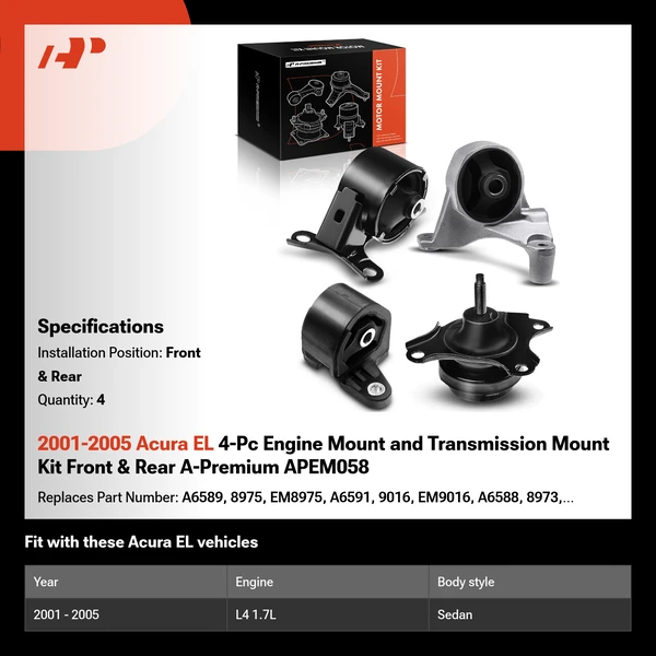 2001-2005 Acura EL 4-Pc Engine Mount and Transmission Mount Kit Front & Rear A-Premium APEM058