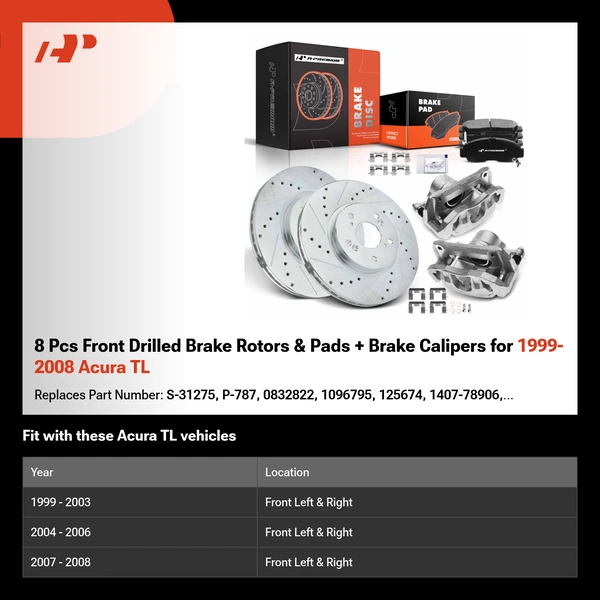 8 Pcs Front Drilled Brake Rotors & Pads + Brake Calipers for 1999-2008 Acura TL