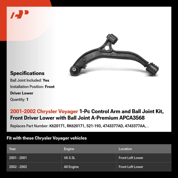 2001-2002 Chrysler Voyager 1-Pc Control Arm and Ball Joint Kit, Front Driver Lower with Ball Joint A-Premium APCA3568