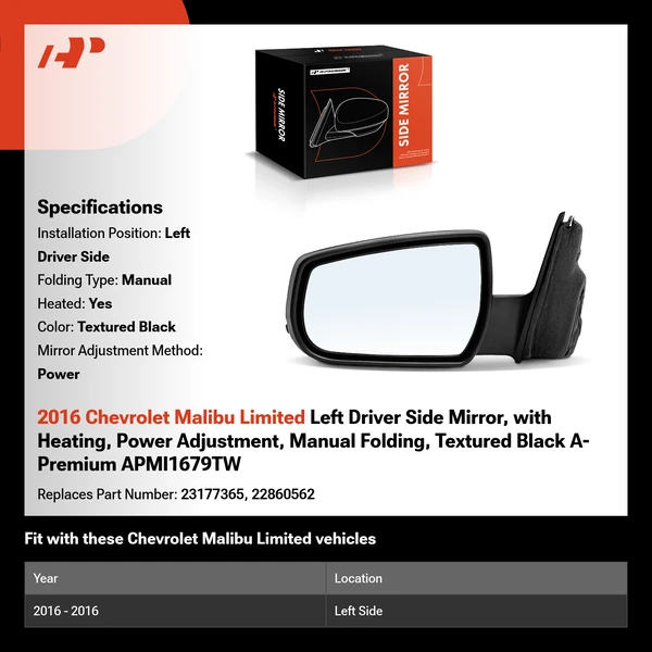 2016 Chevrolet Malibu Limited Left Driver Side Mirror, with Heating, Power Adjustment, Manual Folding, Textured Black A-Premium APMI1679TW