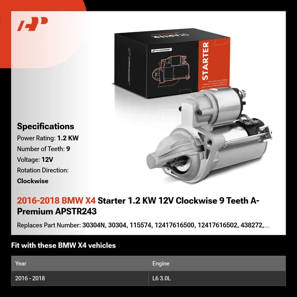 2016-2018 BMW X4 Starter 1.2 KW 12V Clockwise 9 Teeth A-Premium APSTR243