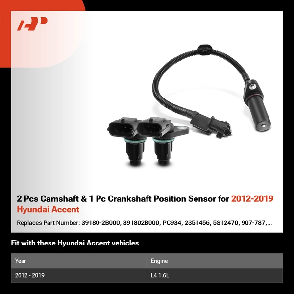 2 Pcs Camshaft & 1 Pc Crankshaft Position Sensor for 2012-2019 Hyundai Accent