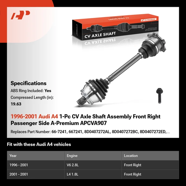 1996-2001 Audi A4 1-Pc CV Axle Shaft Assembly Front Right Passenger Side A-Premium APCVA907