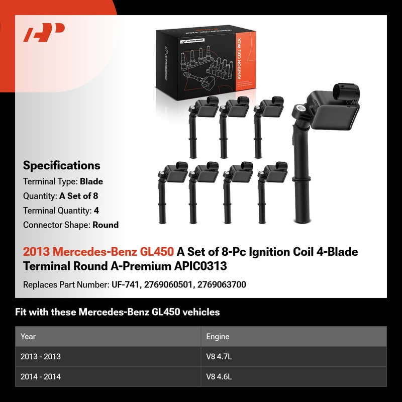 2013 Mercedes-Benz GL450 A Set of 8-Pc Ignition Coil 4-Blade Terminal Round A-Premium APIC0313
