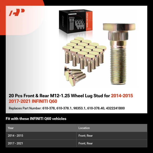 20 Pcs Front & Rear M12-1.25 Wheel Lug Stud for 2014-2015 2017-2021 INFINITI Q60