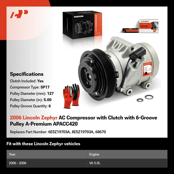 2006 Lincoln Zephyr AC Compressor with Clutch with 6-Groove Pulley A-Premium APACC420