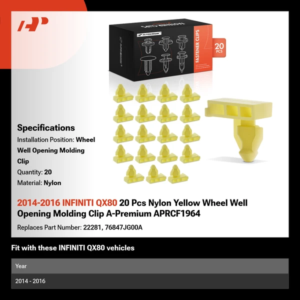 2014-2016 INFINITI QX80 20 Pcs Nylon Yellow Wheel Well Opening Molding Clip A-Premium APRCF1964