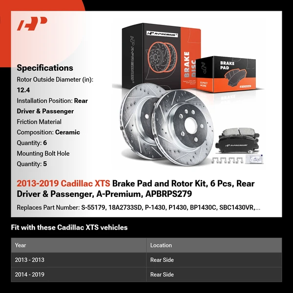 2013-2019 Cadillac XTS Brake Pad and Rotor Kit, 6 Pcs, Rear Driver & Passenger, A-Premium, APBRPS279