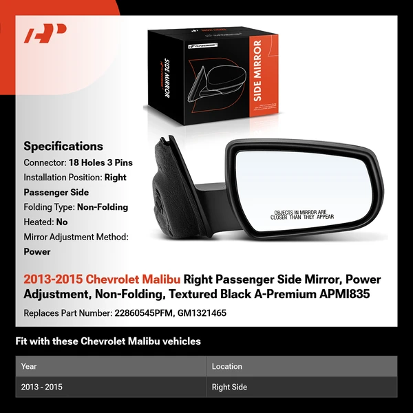 2013-2015 Chevrolet Malibu Right Passenger Side Mirror, Power Adjustment, Non-Folding, Textured Black A-Premium APMI835