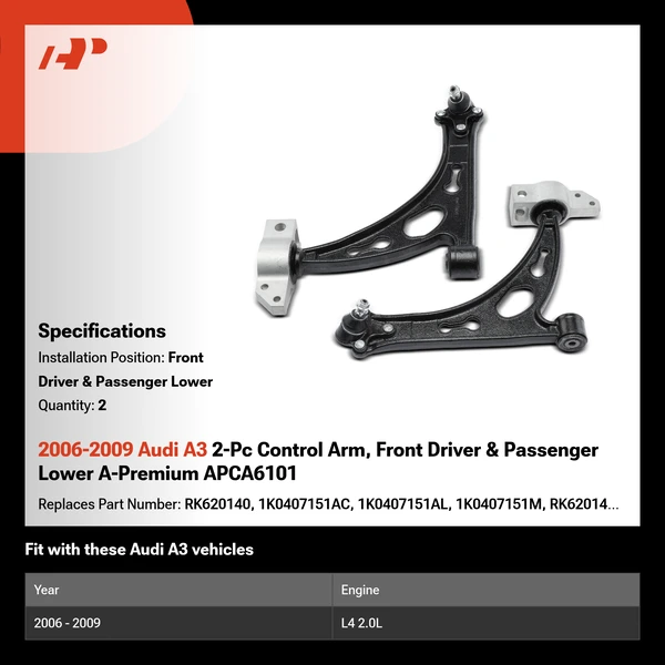 2006-2009 Audi A3 2-Pc Control Arm, Front Driver & Passenger Lower A-Premium APCA6101