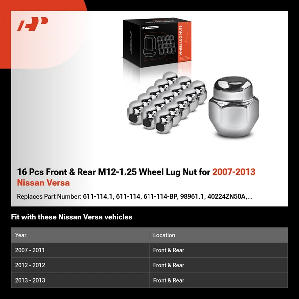 16 Pcs Front & Rear M12-1.25 Wheel Lug Nut for 2007-2013 Nissan Versa