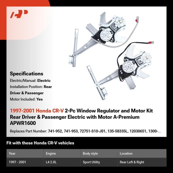 1997-2001 Honda CR-V 2-Pc Window Regulator and Motor Kit Rear Driver & Passenger Electric with Motor A-Premium APWR1600