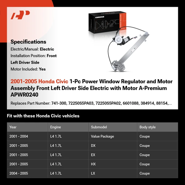 2001-2005 Honda Civic 1-Pc Power Window Regulator and Motor Assembly Front Left Driver Side Electric with Motor A-Premium APWR0240