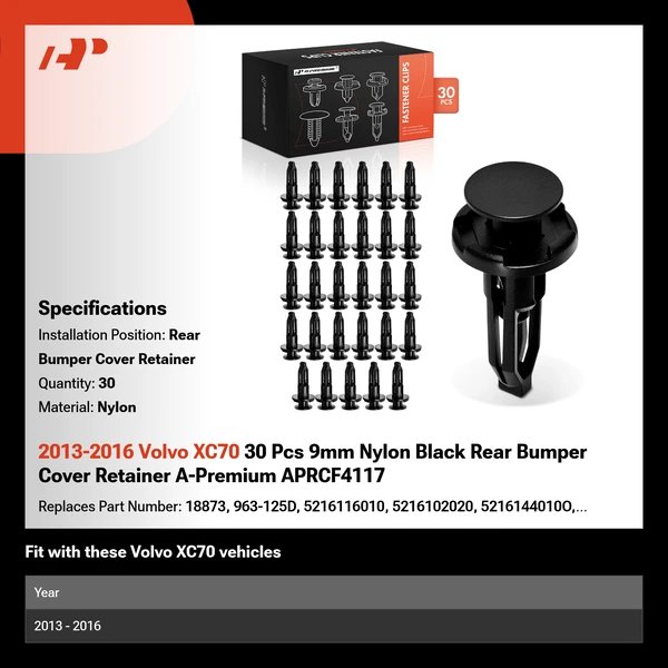 2013-2016 Volvo XC70 30 Pcs 9mm Nylon Black Rear Bumper Cover Retainer A-Premium APRCF4117
