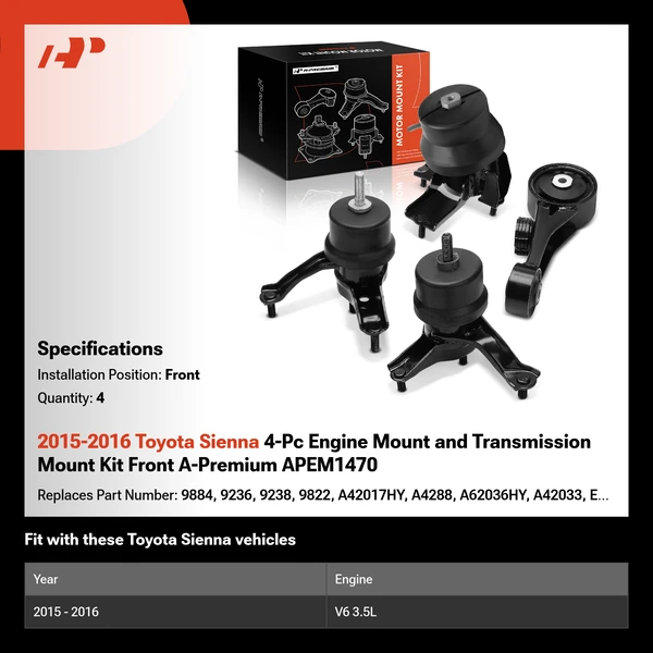 2015-2016 Toyota Sienna 4-Pc Engine Mount and Transmission Mount Kit Front A-Premium APEM1470
