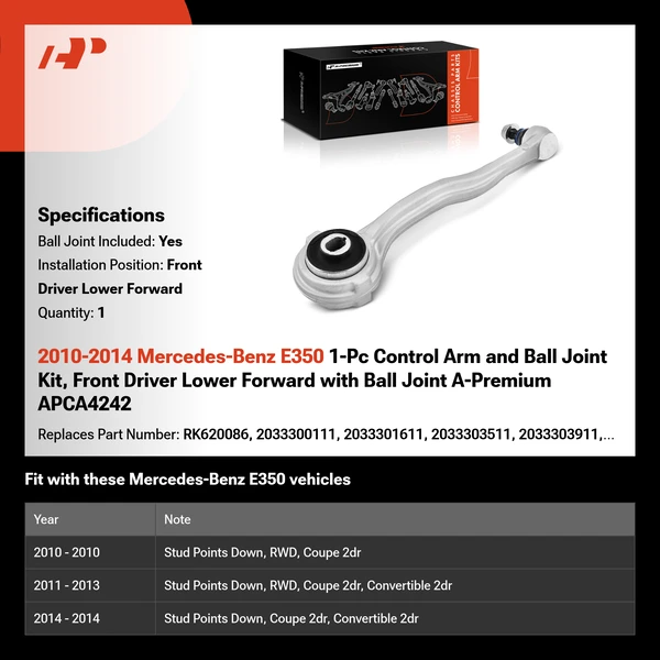 2010-2014 Mercedes-Benz E350 1-Pc Control Arm and Ball Joint Kit, Front Driver Lower Forward with Ball Joint A-Premium APCA4242