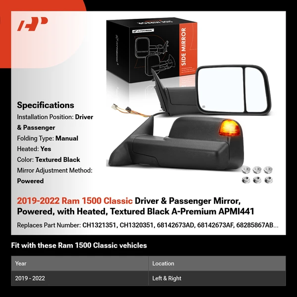 2019-2022 Ram 1500 Classic Driver & Passenger Mirror, Powered, with Heated, Textured Black A-Premium APMI441