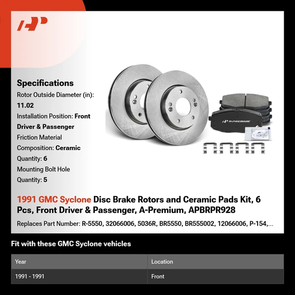 1991 GMC Syclone Disc Brake Rotors and Ceramic Pads Kit, 6 Pcs, Front Driver & Passenger, A-Premium, APBRPR928
