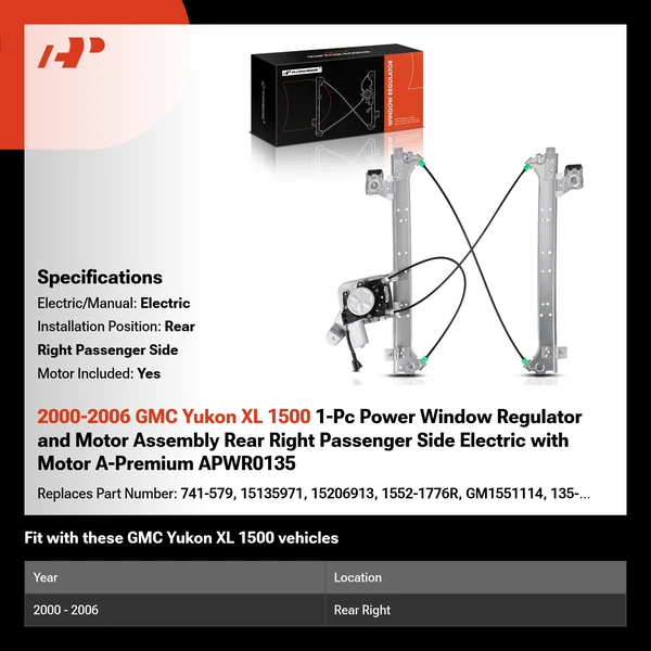 2000-2006 GMC Yukon XL 1500 1-Pc Power Window Regulator and Motor Assembly Rear Right Passenger Side Electric with Motor A-Premium APWR0135