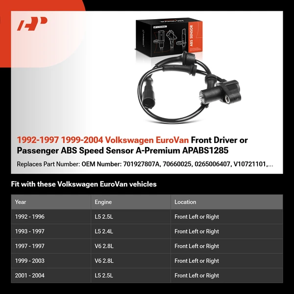 1992-1997 1999-2004 Volkswagen EuroVan Front Driver or Passenger ABS Speed Sensor A-Premium APABS1285