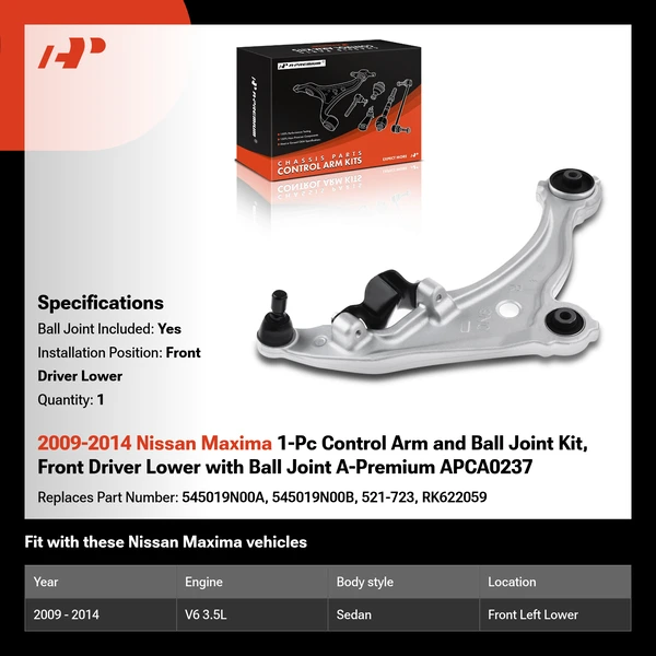2009-2014 Nissan Maxima 1-Pc Control Arm and Ball Joint Kit, Front Driver Lower with Ball Joint A-Premium APCA0237