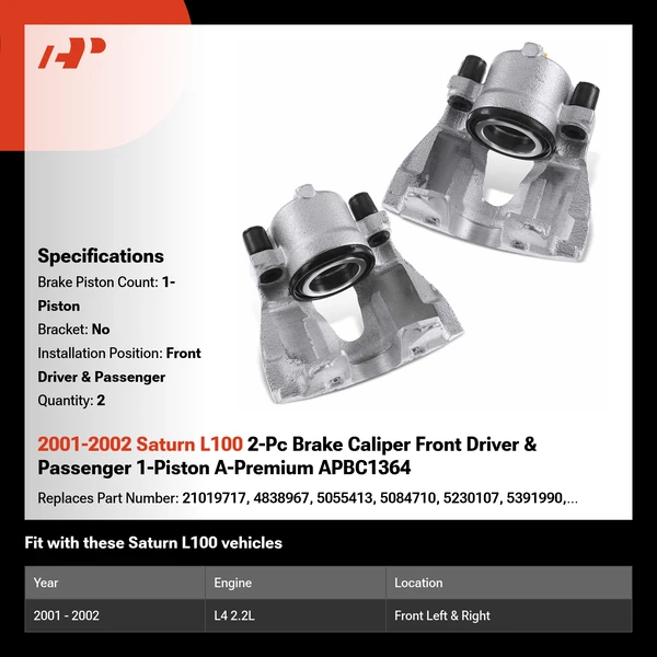 2001-2002 Saturn L100 2-Pc Brake Caliper Front Driver & Passenger 1-Piston A-Premium APBC1364