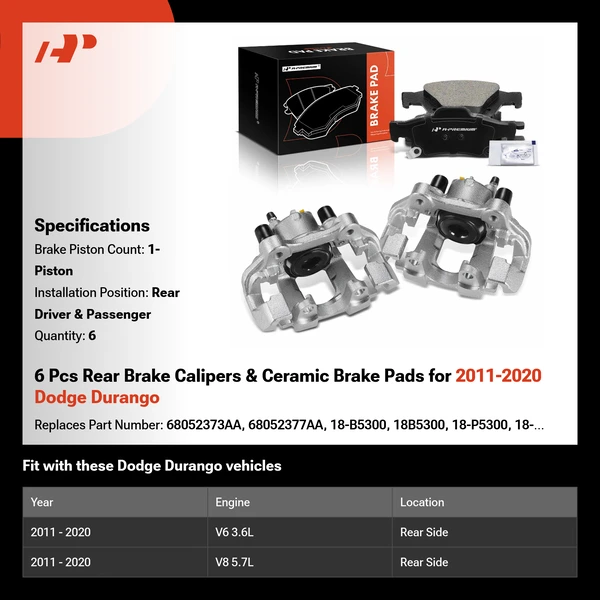 6 Pcs Rear Brake Calipers & Ceramic Brake Pads for 2011-2020 Dodge Durango