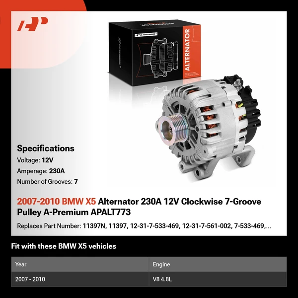 2007-2010 BMW X5 Alternator 230A 12V Clockwise 7-Groove Pulley A-Premium APALT773