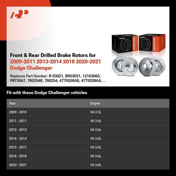 Front & Rear Drilled Brake Rotors for 2009-2011 2013-2014 2018 2020-2021 Dodge Challenger