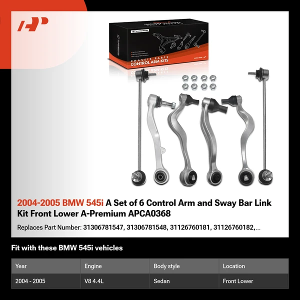 2004-2005 BMW 545i A Set of 6 Control Arm and Sway Bar Link Kit Front Lower A-Premium APCA0368