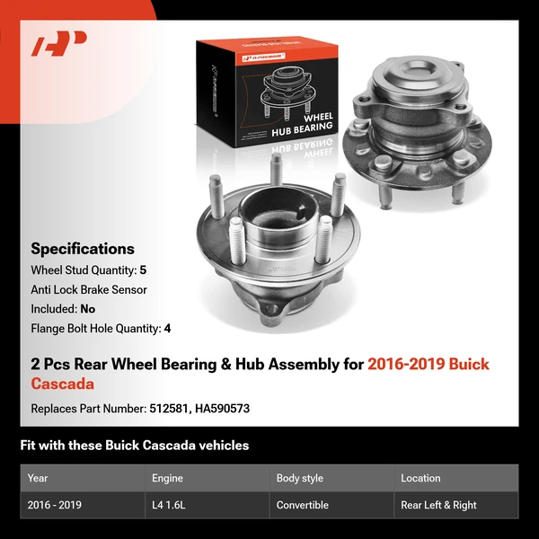 2 Pcs Rear Wheel Bearing & Hub Assembly for 2016-2019 Buick Cascada