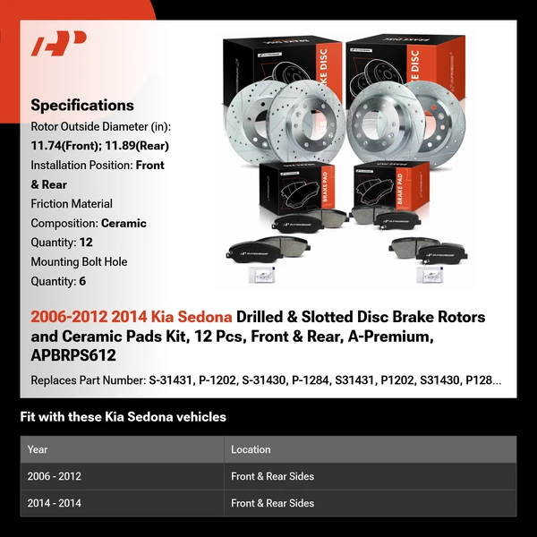 2006-2012 2014 Kia Sedona Drilled & Slotted Disc Brake Rotors and Ceramic Pads Kit, 12 Pcs, Front & Rear, A-Premium, APBRPS612