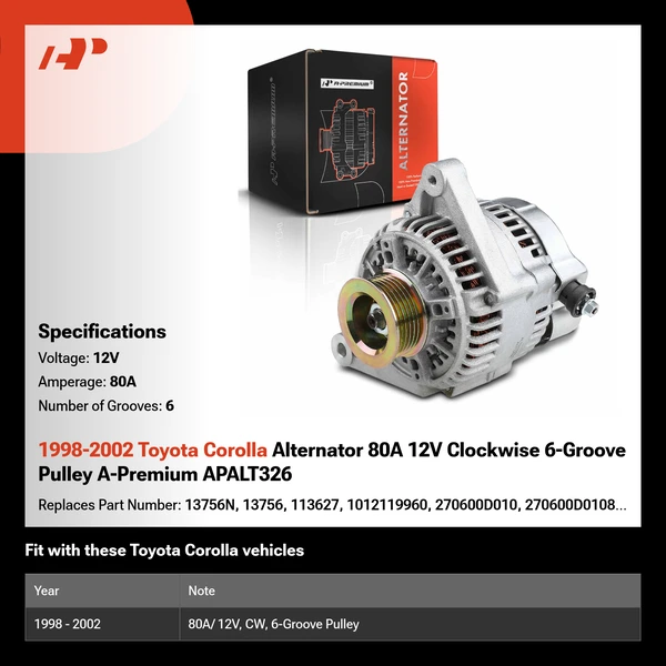 1998-2002 Toyota Corolla Alternator 80A 12V Clockwise 6-Groove Pulley A-Premium APALT326