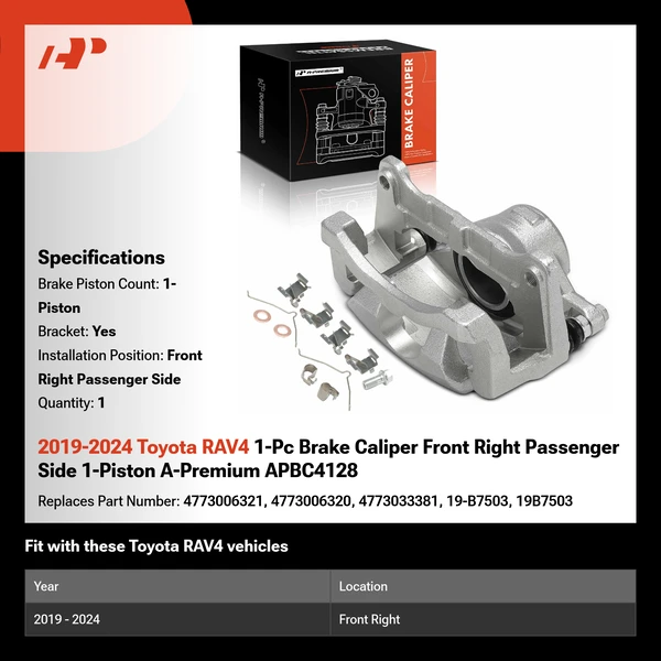 2019-2024 Toyota RAV4 1-Pc Brake Caliper Front Right Passenger Side 1-Piston A-Premium APBC4128