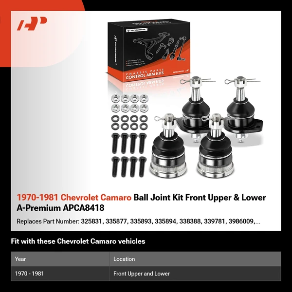 1970-1981 Chevrolet Camaro Ball Joint Kit Front Upper & Lower A-Premium APCA8418