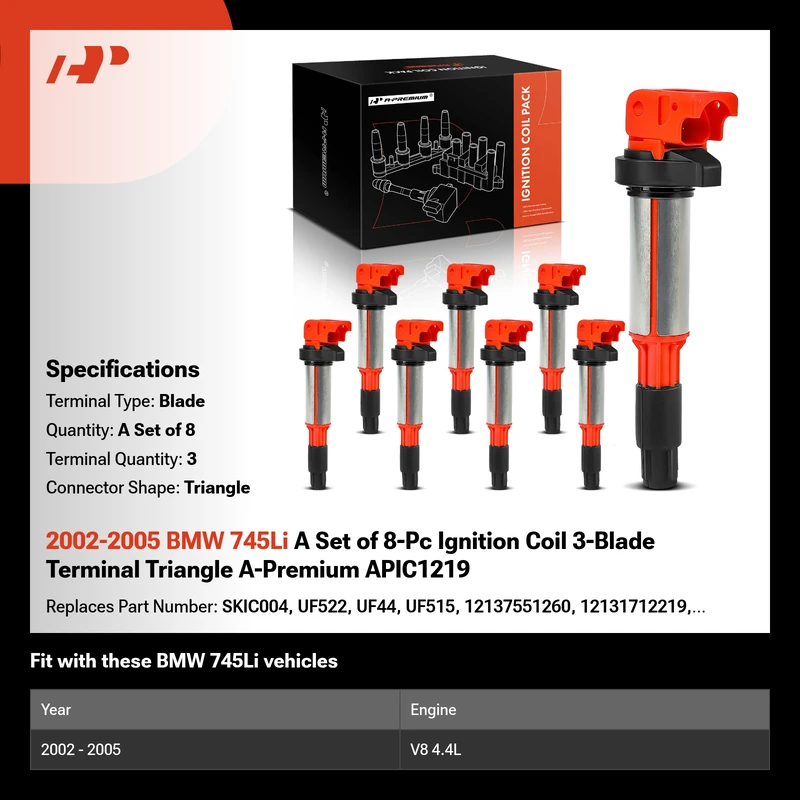 2002-2005 BMW 745Li A Set of 8-Pc Ignition Coil 3-Blade Terminal Triangle A-Premium APIC1219