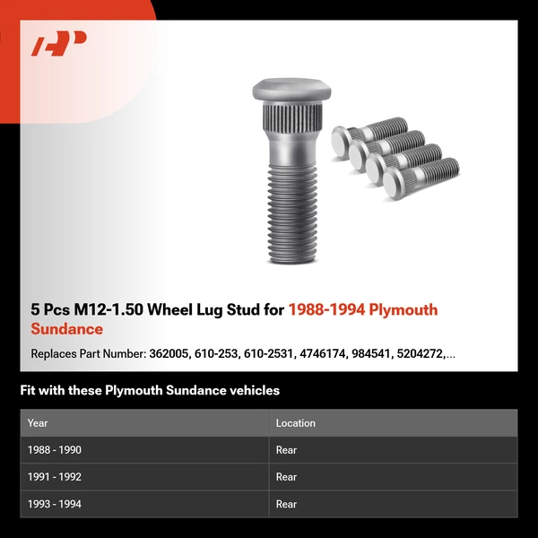 5 Pcs M12-1.50 Wheel Lug Stud for 1988-1994 Plymouth Sundance