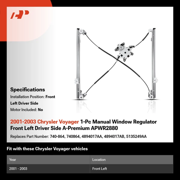 2001-2003 Chrysler Voyager 1-Pc Manual Window Regulator Front Left Driver Side A-Premium APWR2880